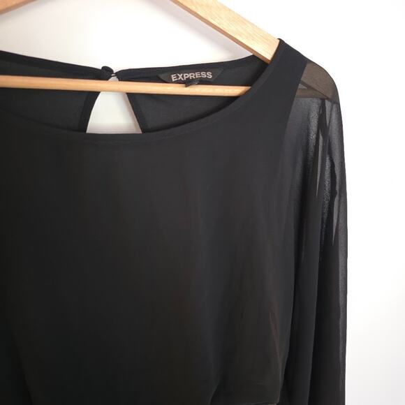 Express Black Sheer Sleeve Mini Dress Knee Size S Elastic Waist Keyhole Back - Picture 6 of 16